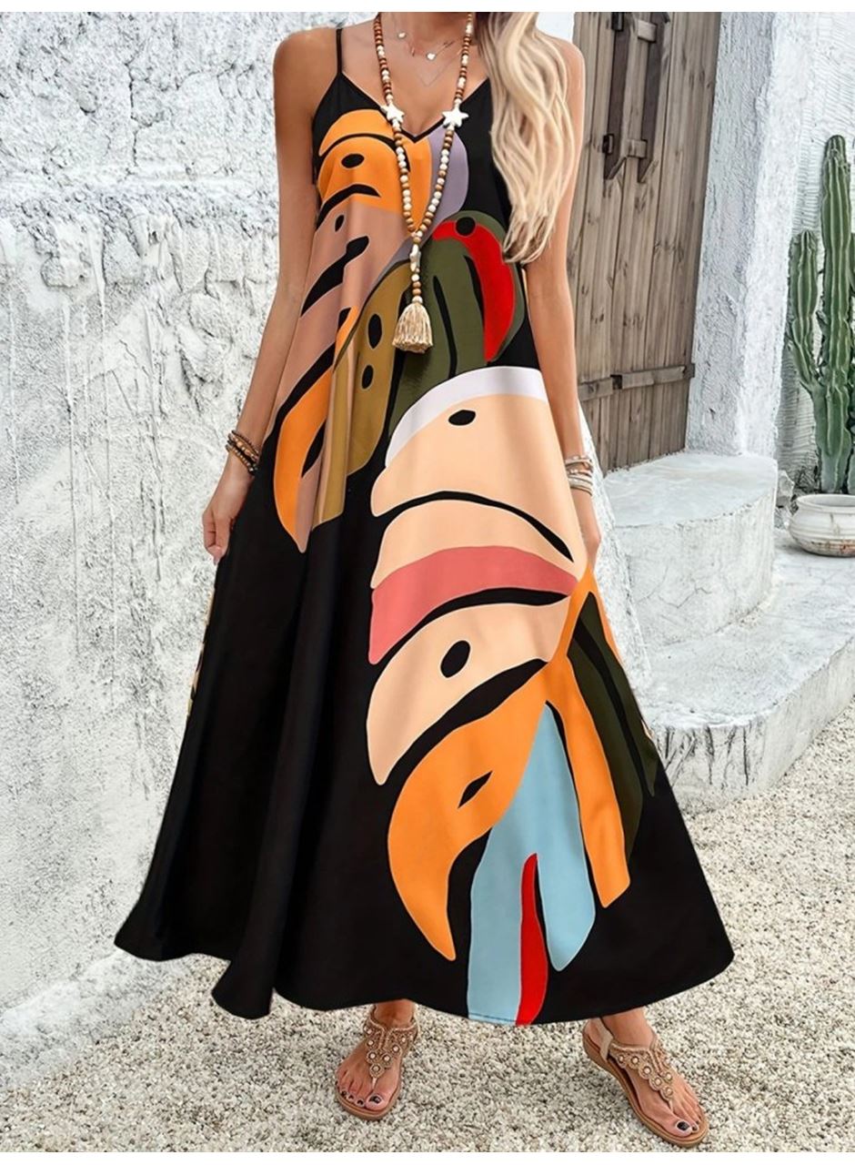 Kadın Ip Askılı V Yakalı Desenli Süprem Maxi Elbise