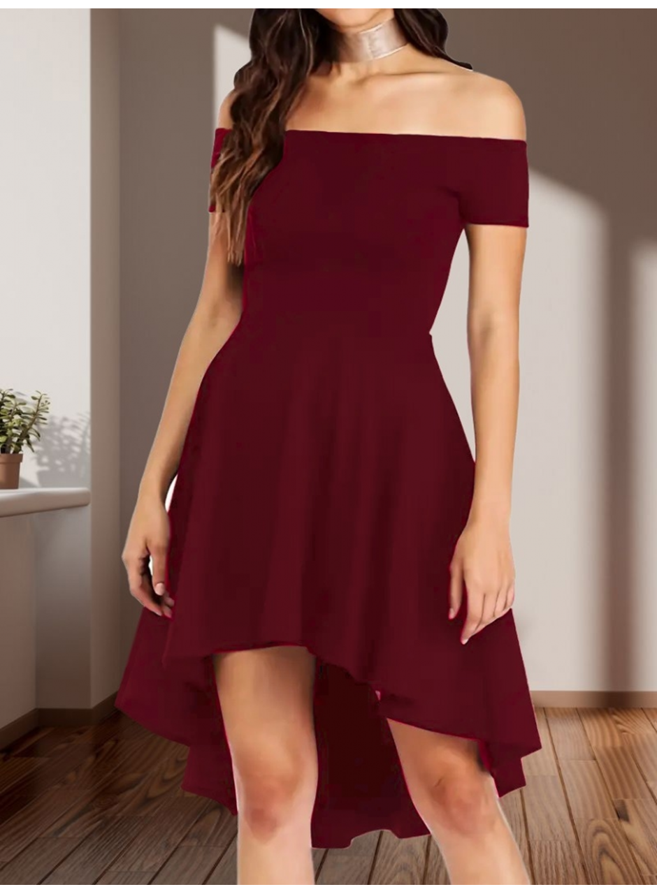 Kadın Kısa Kollu Madonna Yaka önü Kısa Arkası Uzun Ithal Krep Elbise