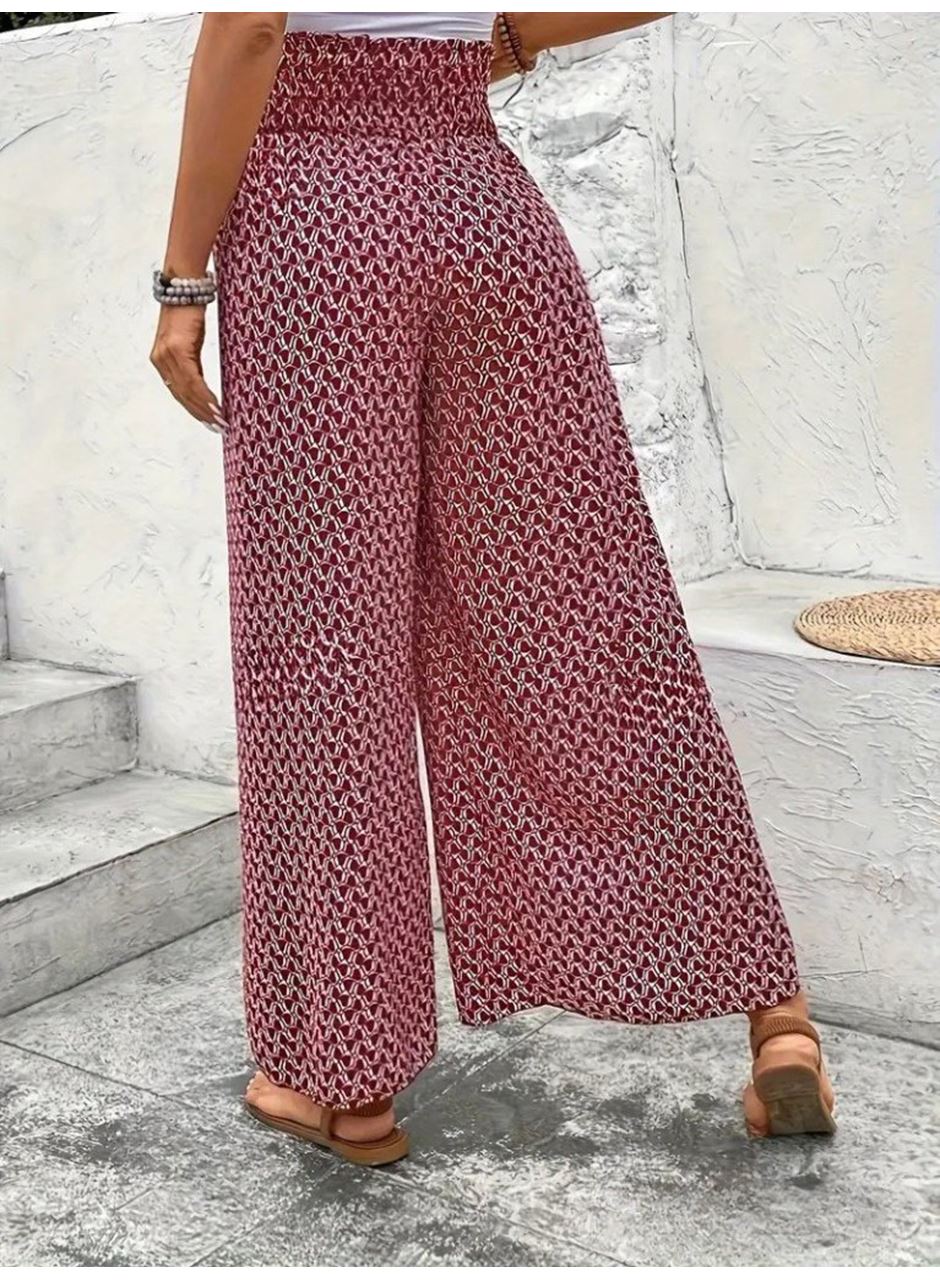 Kadın Yüksek Bel Lastikli önden Iki Parçalı Desenli Bürümcük Pantolon