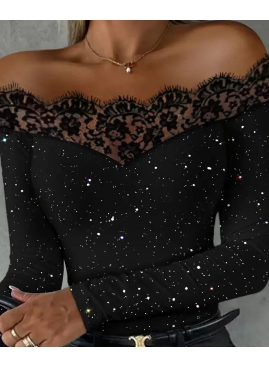 Kadın Kadife Simli Kumaş Dantel Detaylı Bluz