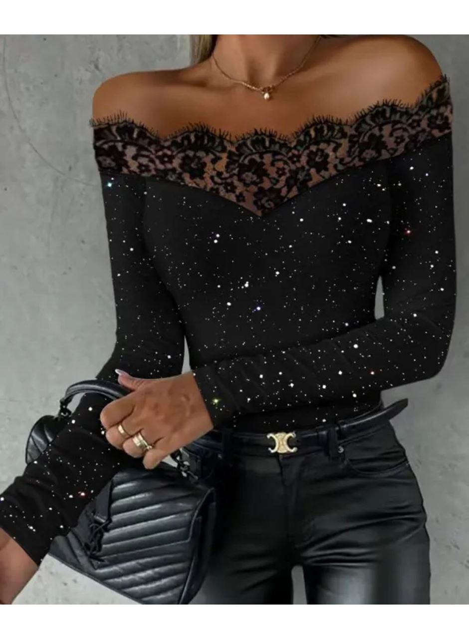 Kadın Kadife Simli Kumaş Dantel Detaylı Bluz