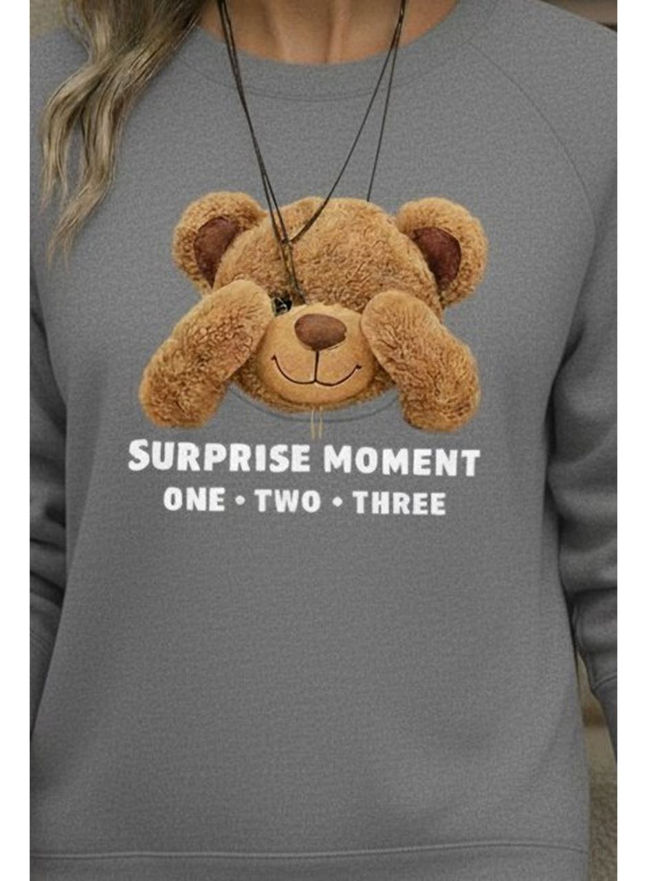 Kadın Uzun Kollu Bisiklet Yaka Ayıcık Desenli Viskon Iki Iplik Bluz