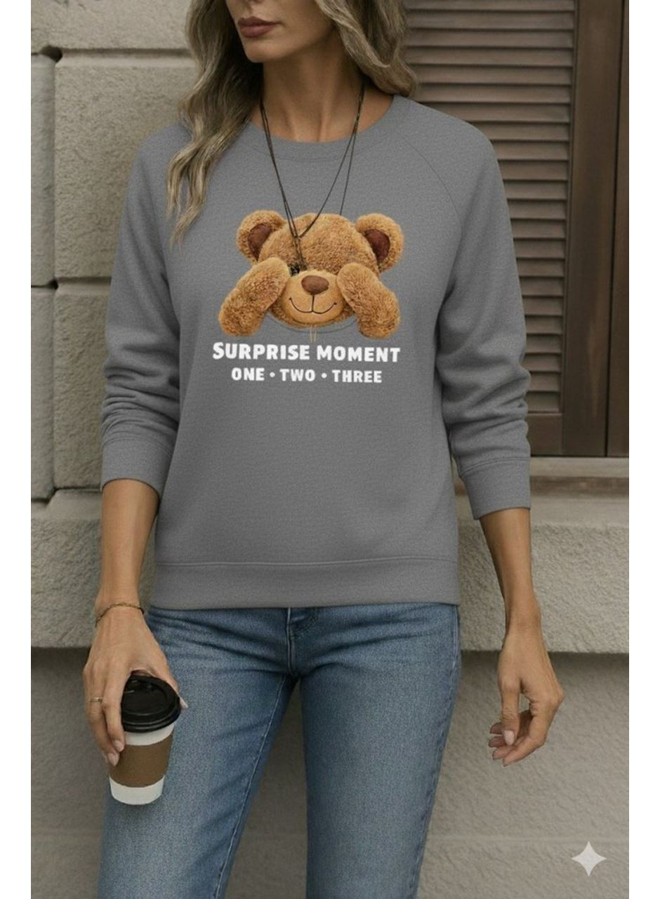 Kadın Uzun Kollu Bisiklet Yaka Ayıcık Desenli Viskon Iki Iplik Bluz