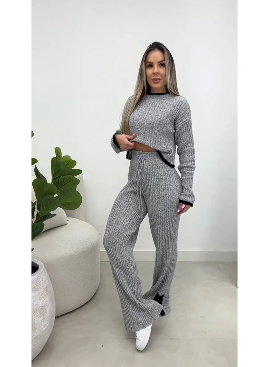 Kadın Uzun Kollu Bisiklet Yaka Kısa Trıko Bluz Ve Pantolon Ikili Takım