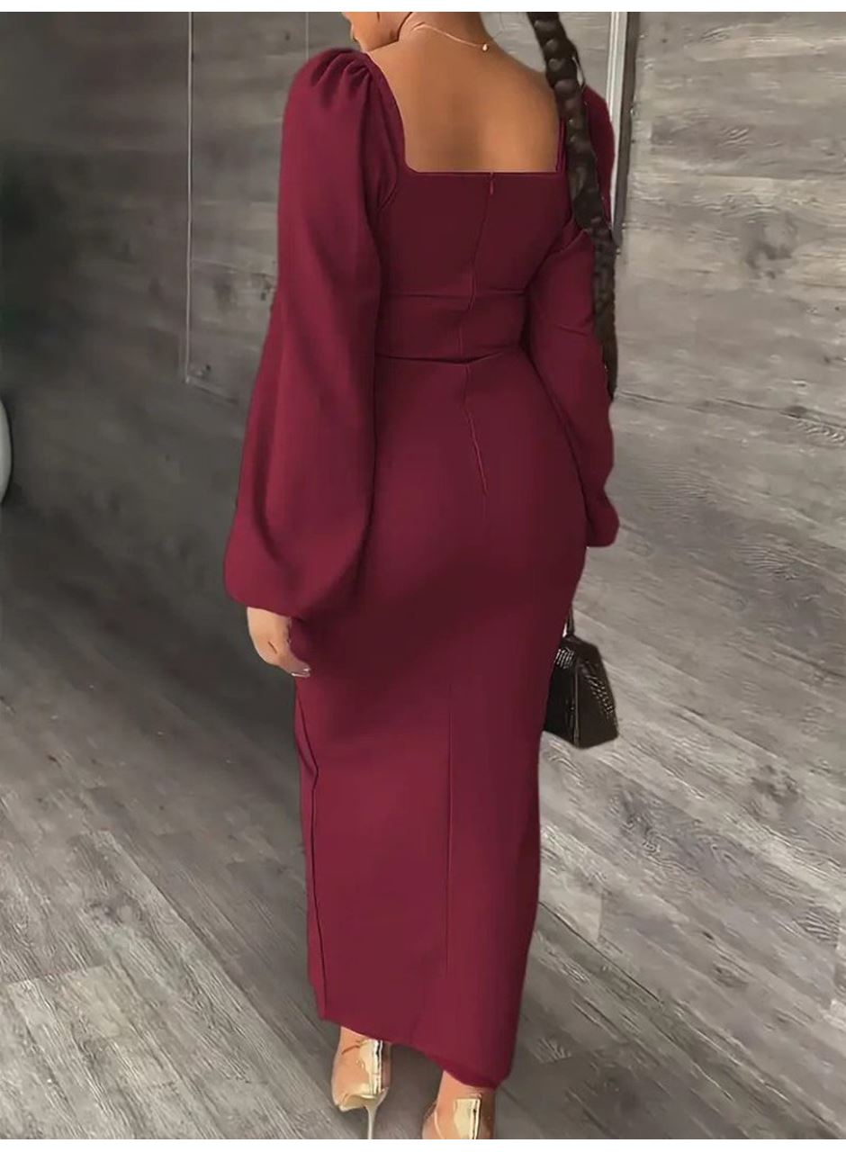 Kadın Uzun Kollu Geometrik Yakalı Yandan Yırtmaçlı Uzun Janjan Krep Elbise