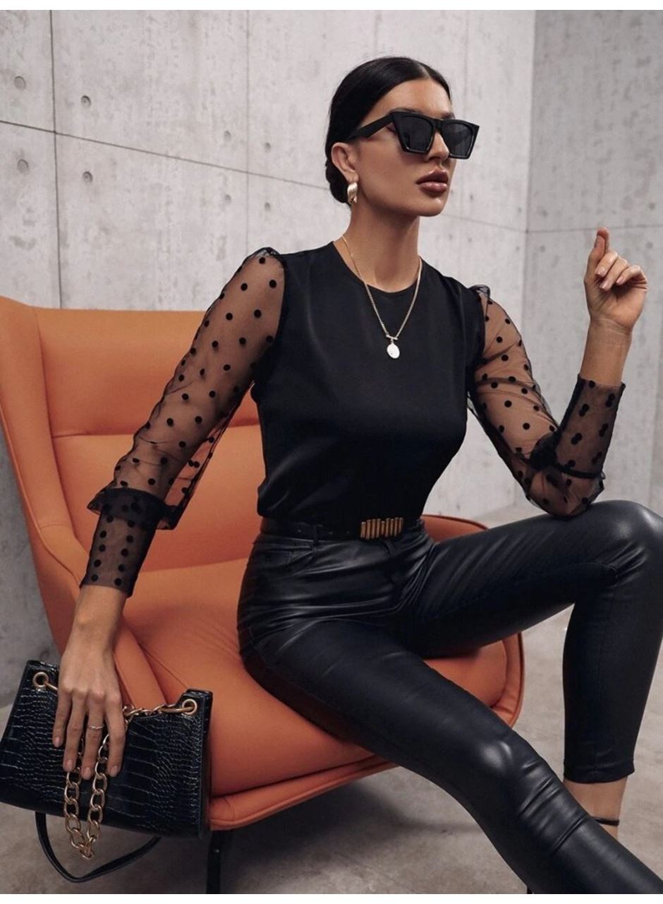 Kadın Uzun Kollu Bisiklet Yaka Kollar Puantiyeli Tül Detaylı Sandy Bluz