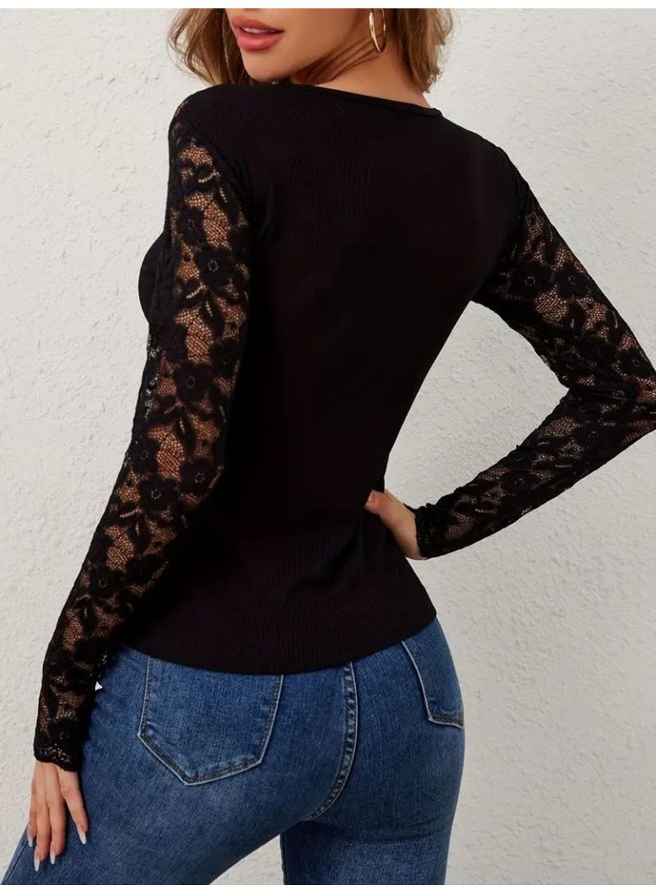Kadın Uzun Kollu V Derin Dantel Yakalı Kaşkorse Bluz