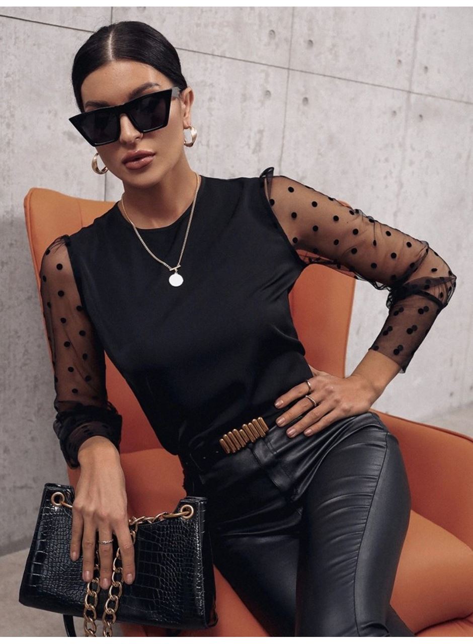 Kadın Uzun Kollu Bisiklet Yaka Kollar Puantiyeli Tül Detaylı Sandy Bluz