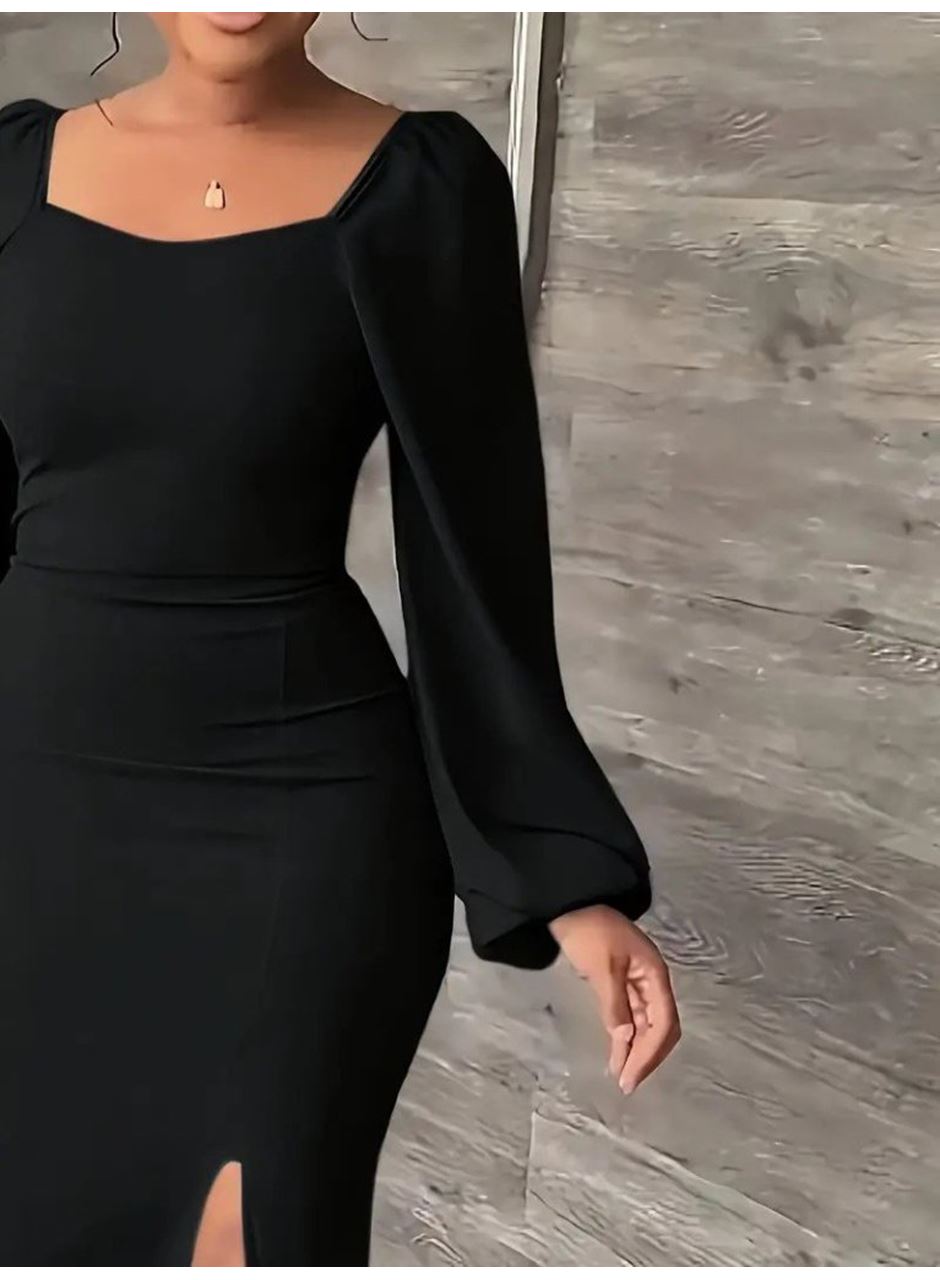 Kadın Uzun Kollu Geometrik Yakalı Yandan Yırtmaçlı Uzun Janjan Krep Elbise