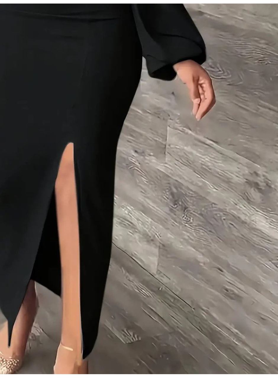 Kadın Uzun Kollu Geometrik Yakalı Yandan Yırtmaçlı Uzun Janjan Krep Elbise