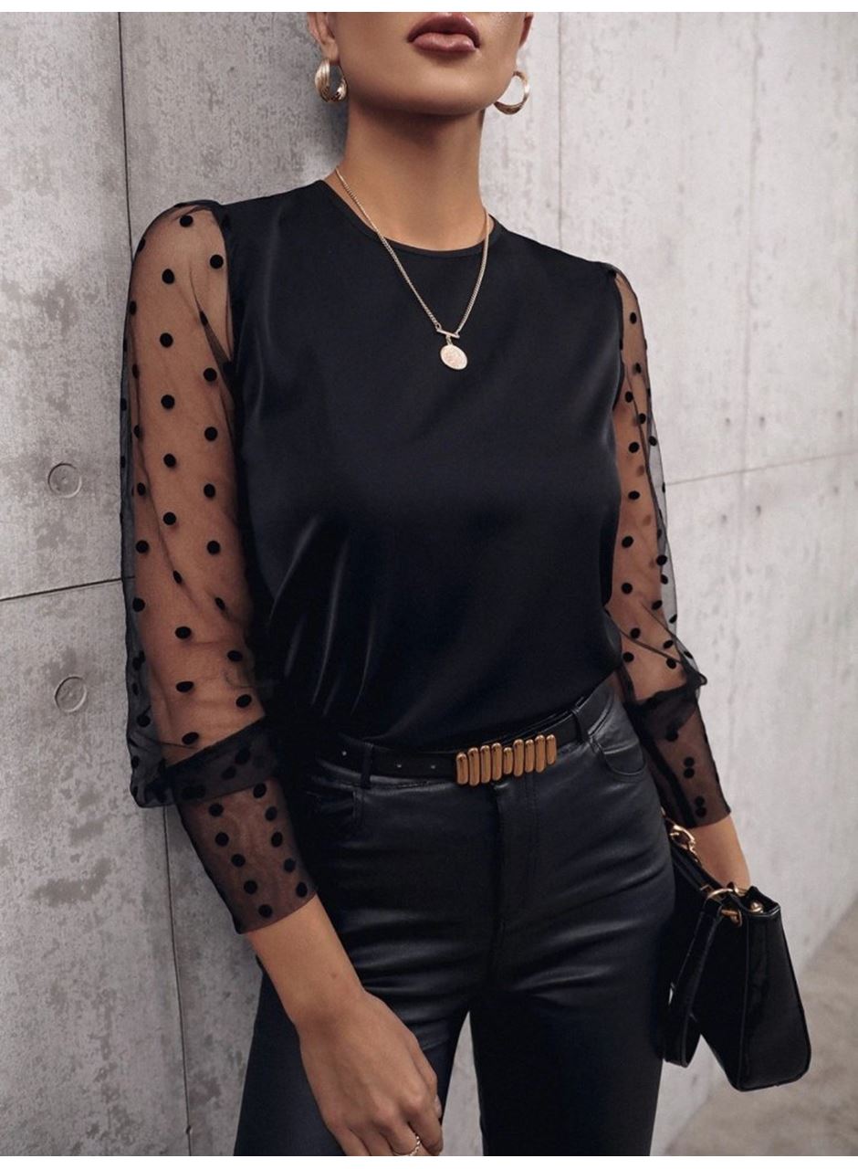 Kadın Uzun Kollu Bisiklet Yaka Kollar Puantiyeli Tül Detaylı Sandy Bluz