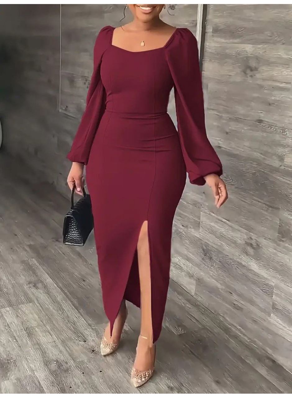 Kadın Uzun Kollu Geometrik Yakalı Yandan Yırtmaçlı Uzun Janjan Krep Elbise