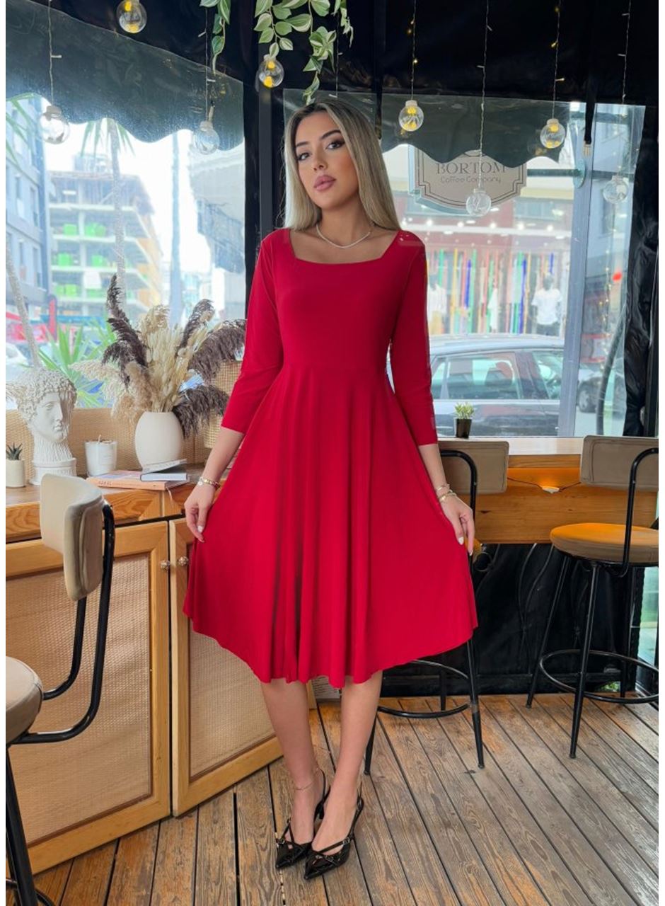 Kadın Kare Yaka Truvakar Kol Fırsat ürün Midi Boy Elbise