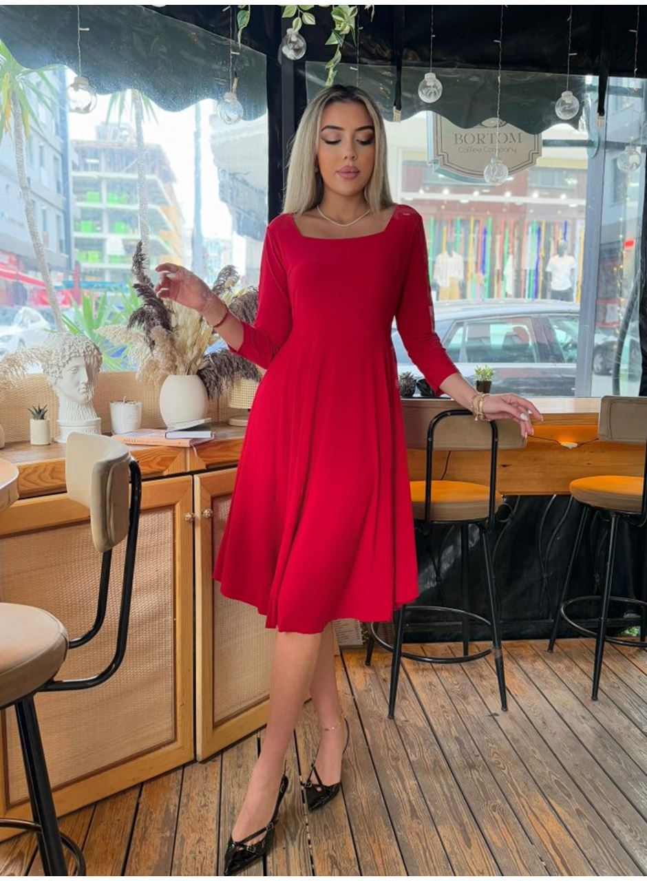 Kadın Kare Yaka Truvakar Kol Fırsat ürün Midi Boy Elbise