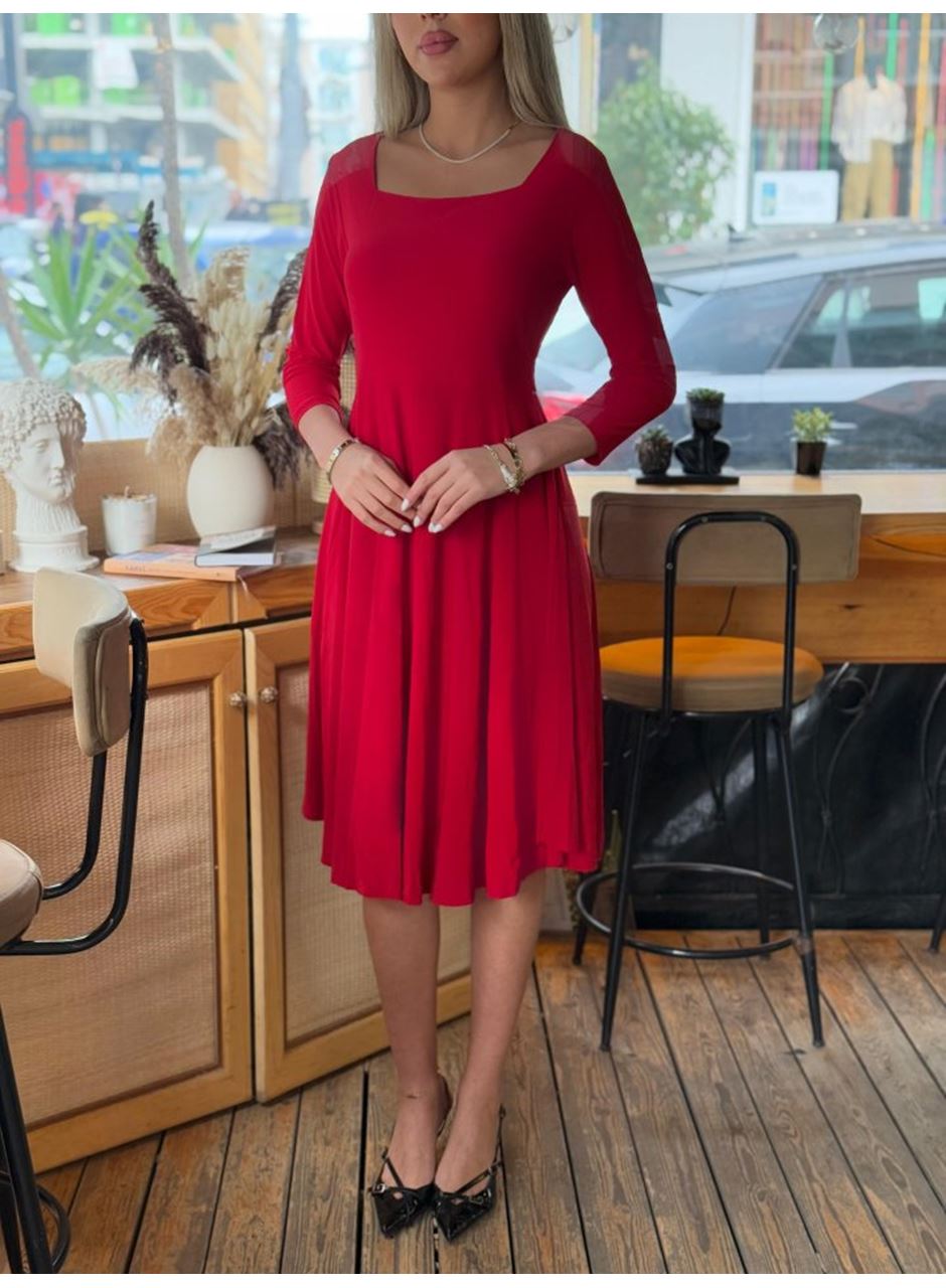 Kadın Kare Yaka Truvakar Kol Fırsat ürün Midi Boy Elbise