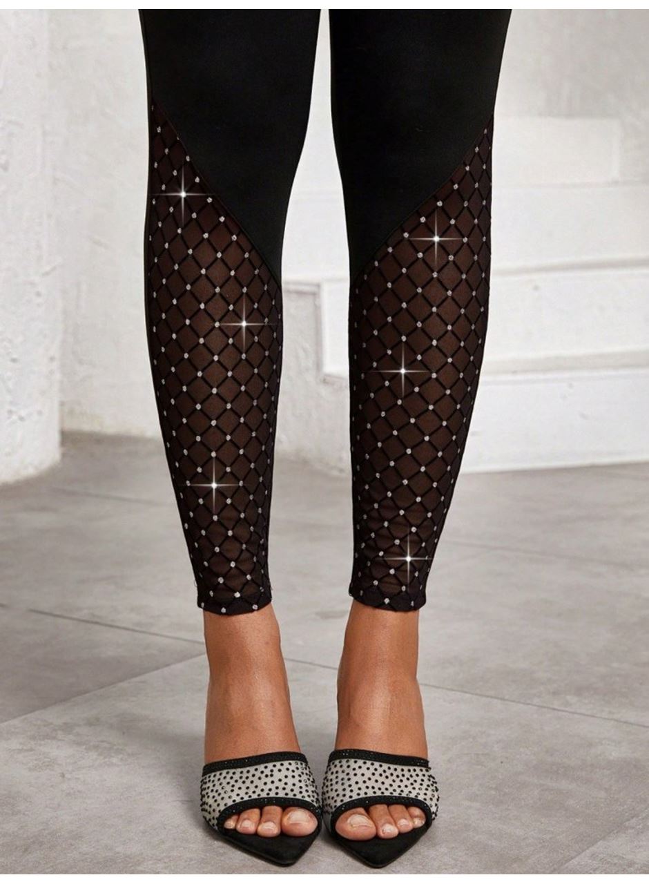 Kadın Yüksek Bel ışıltılı Tül Geometrik Detaylı Dalgıç Tayt