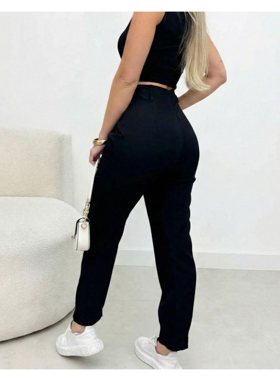 Kadın Yüksek Bel Cepli Paça Ağzı Pile Detaylı Ithal Krep Pantolon