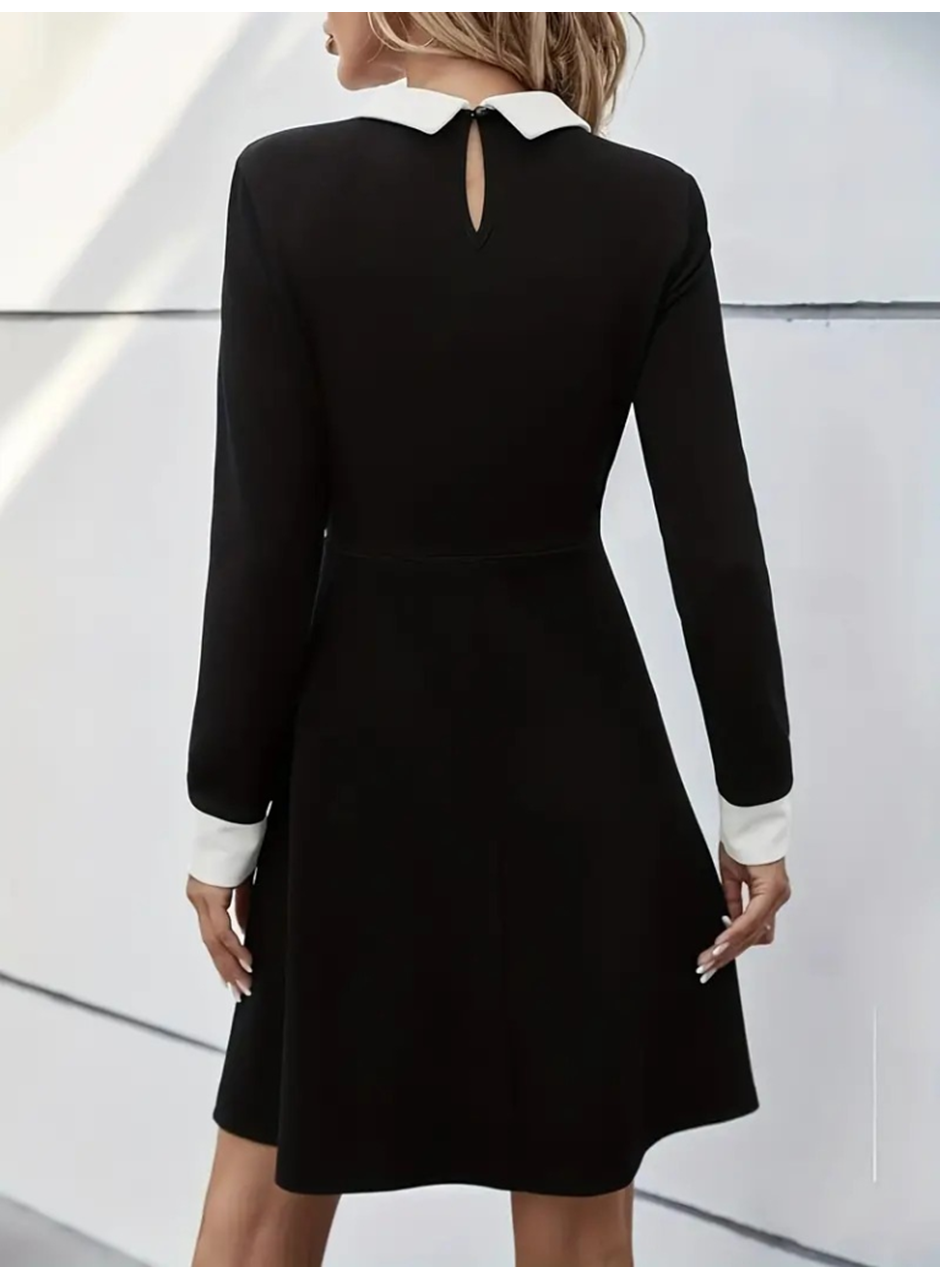 Kadın Uzun Kollu Yakalı A Kesim Kısa Ithal Krep Elbise