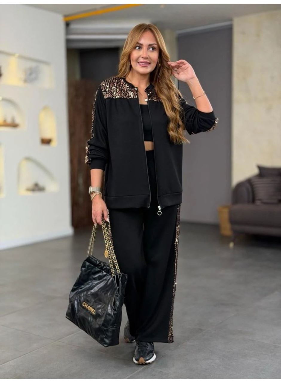 Kadın Uzun Kollu önden Fermuarlı Pulpayet Detaylı Bluz Ve Pantolon Ikili Takım