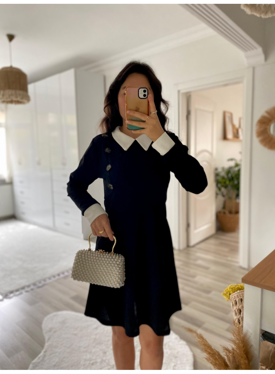 Kadın Uzun Kollu Yakalı A Kesim Kısa Ithal Krep Elbise