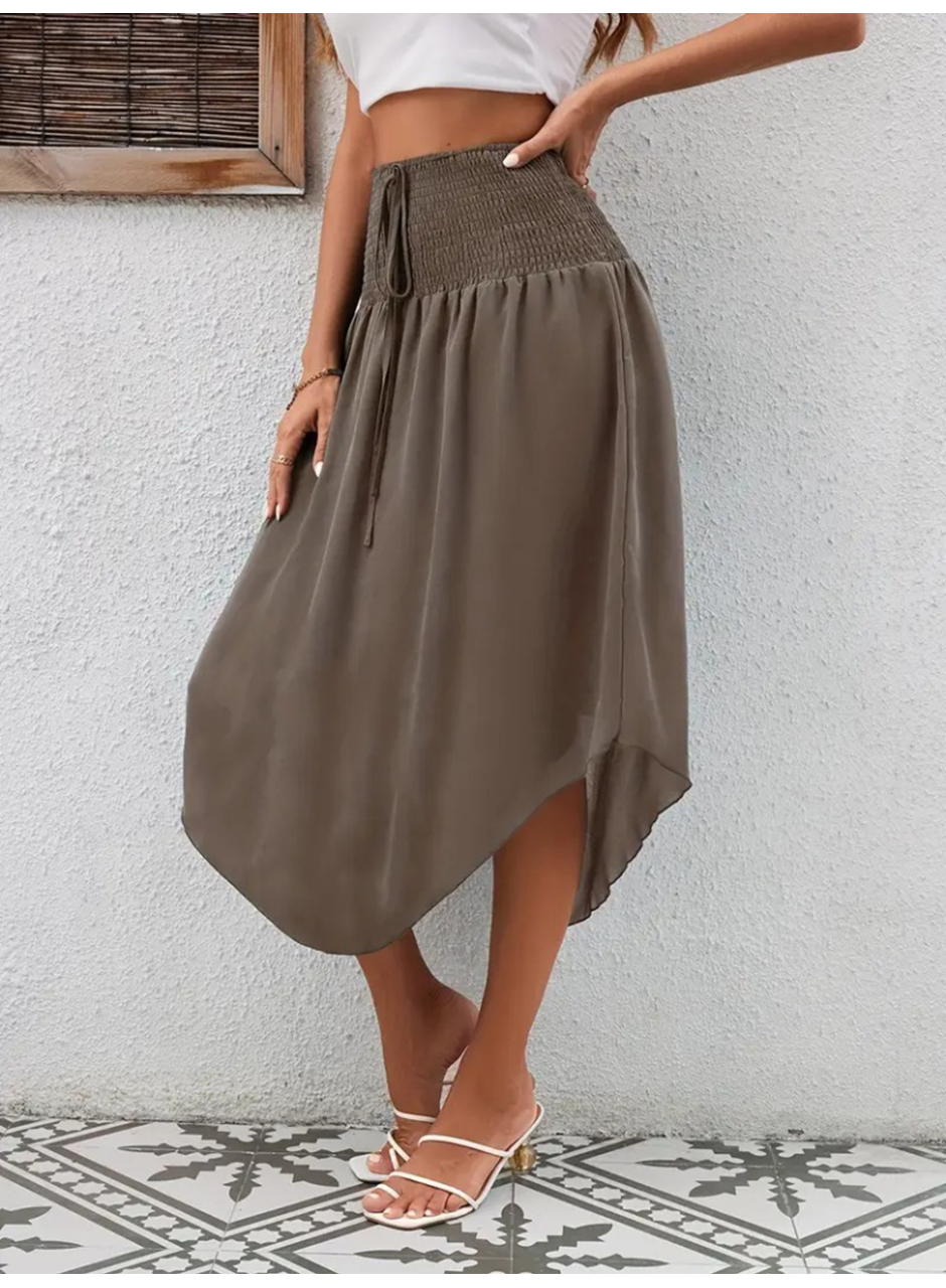 Kadın Yüksek Bel Belden Bağlamalı Asimetrik Kesim Detaylı Sandy Etek