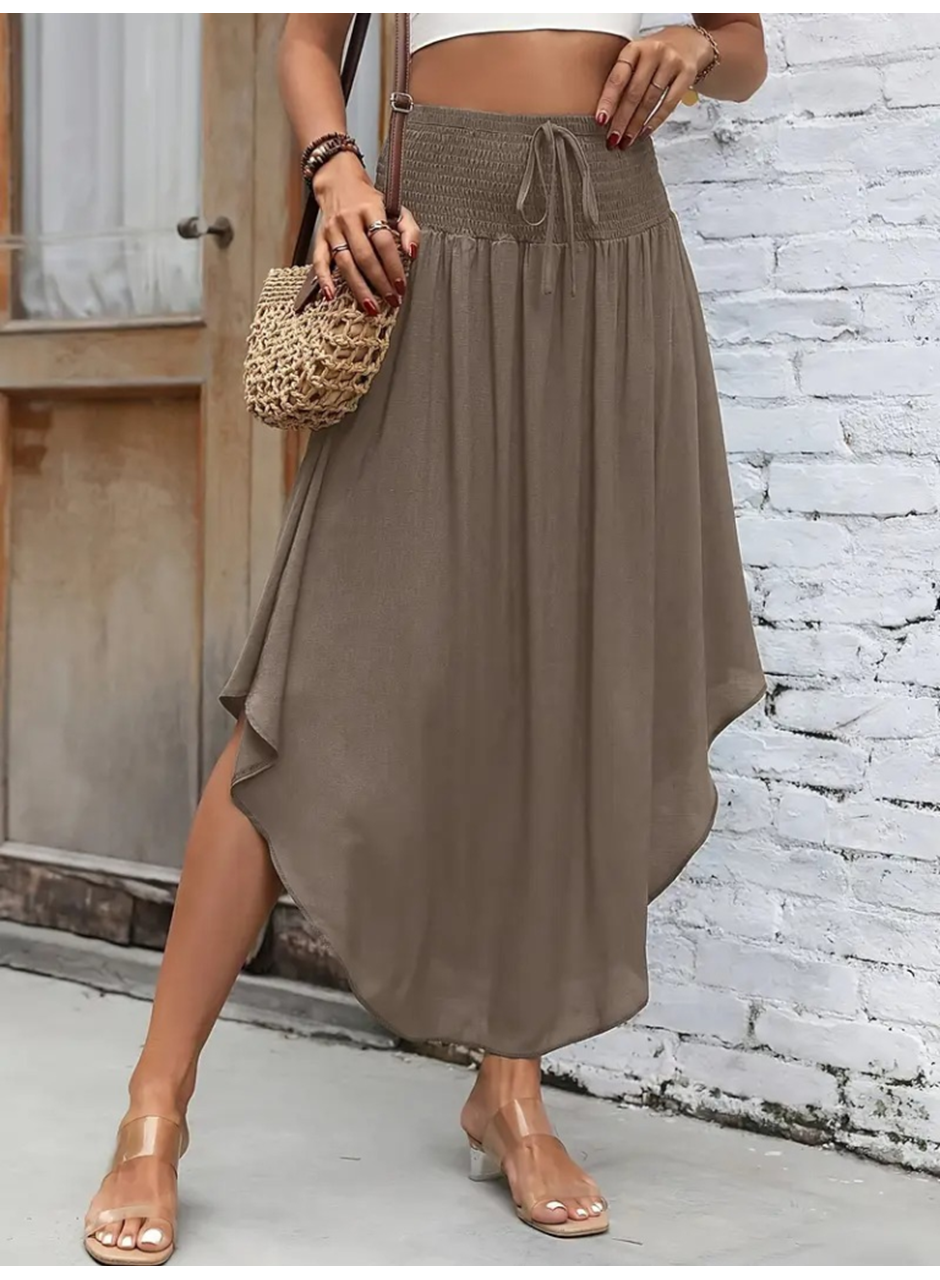 Kadın Yüksek Bel Belden Bağlamalı Asimetrik Kesim Detaylı Sandy Etek