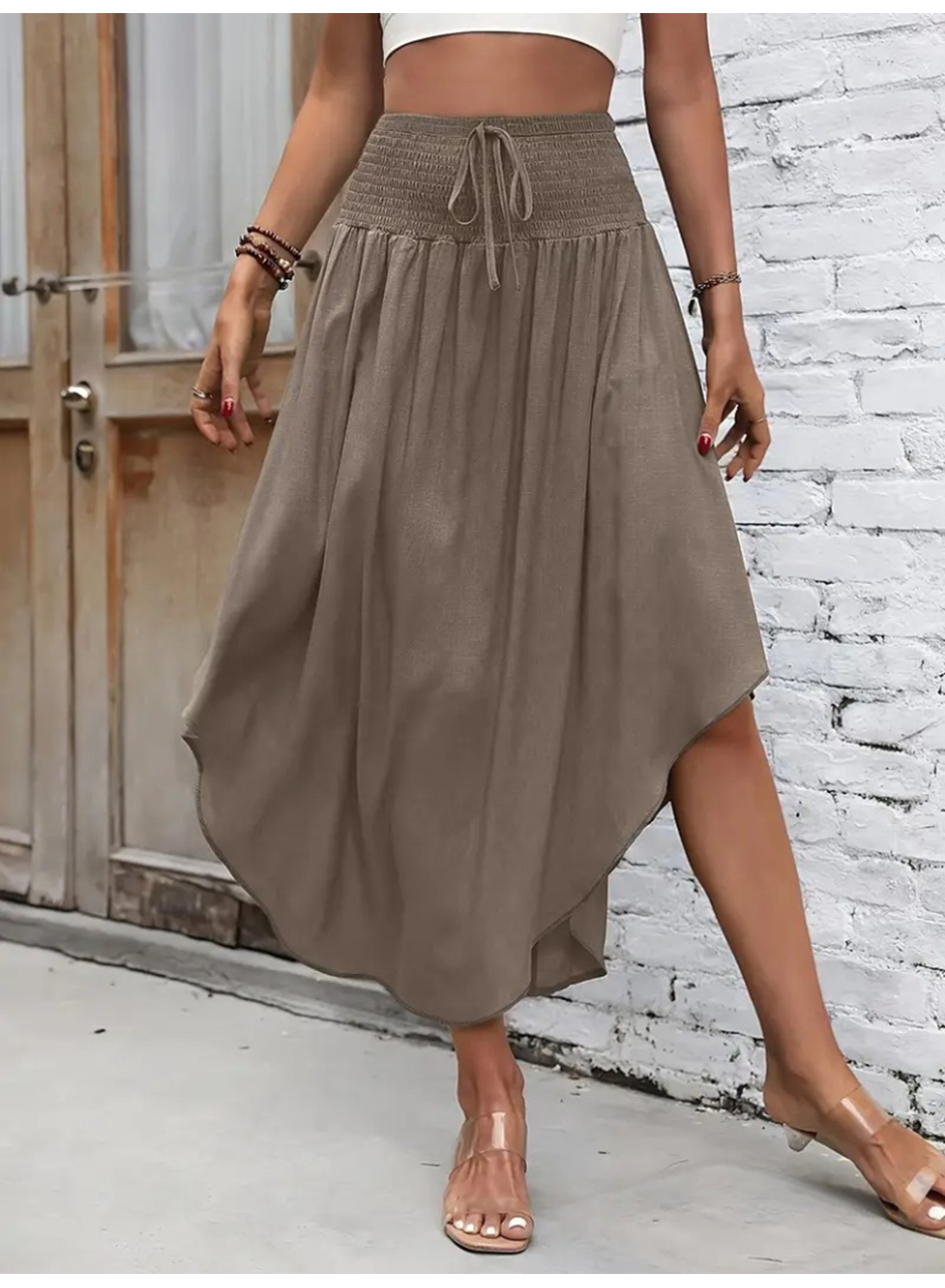 Kadın Yüksek Bel Belden Bağlamalı Asimetrik Kesim Detaylı Sandy Etek