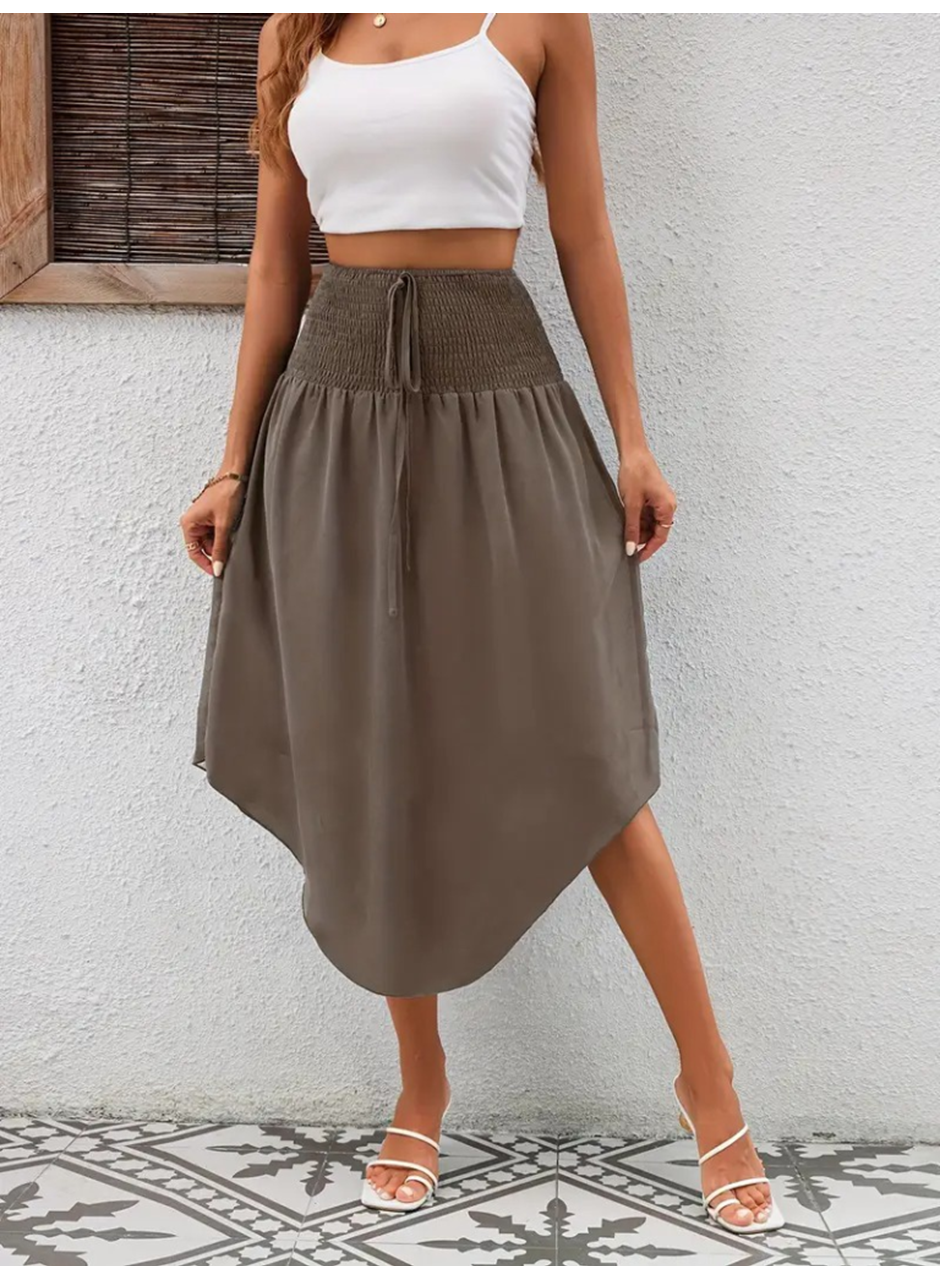 Kadın Yüksek Bel Belden Bağlamalı Asimetrik Kesim Detaylı Sandy Etek