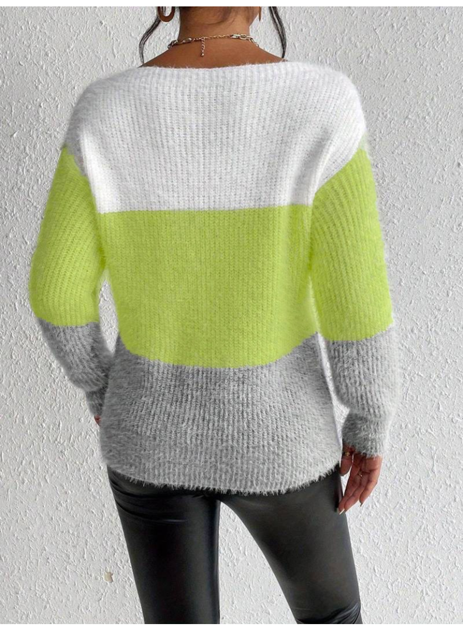 Kadın Uzun Kollu Kayık Yaka çok Renkli Triko Bluz