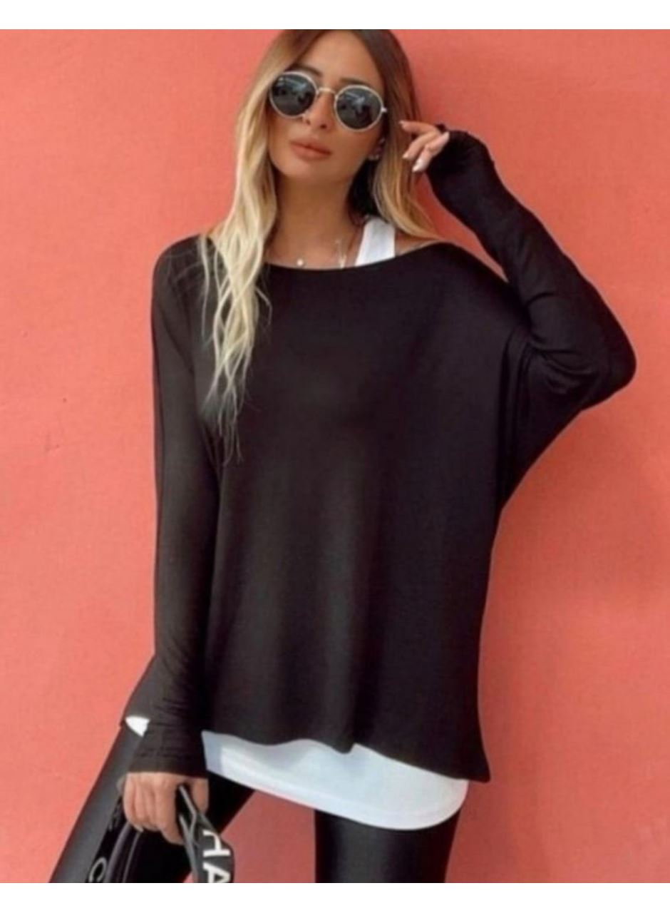 Kadın Uzun Kollu Tek Omuzdan Açık çilek Bluz Ve Viskon Atlet Ikili Takım