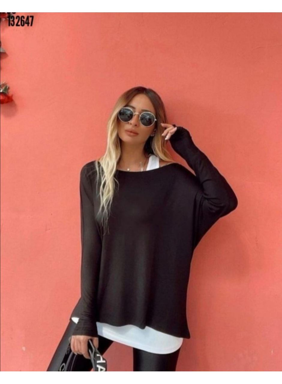 Kadın Uzun Kollu Tek Omuzdan Açık çilek Bluz Ve Viskon Atlet Ikili Takım