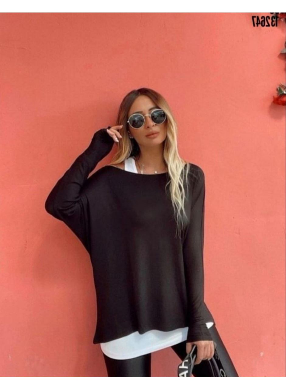 Kadın Uzun Kollu Tek Omuzdan Açık çilek Bluz Ve Viskon Atlet Ikili Takım