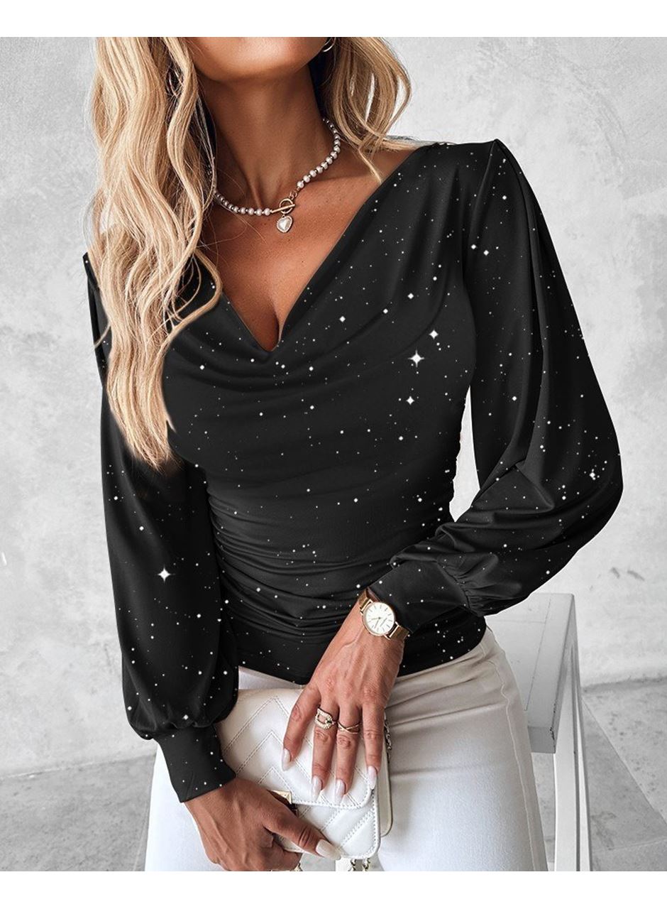 Kadın Uzun Kollu Degaje Yaka Taşlı Sandy Bluz