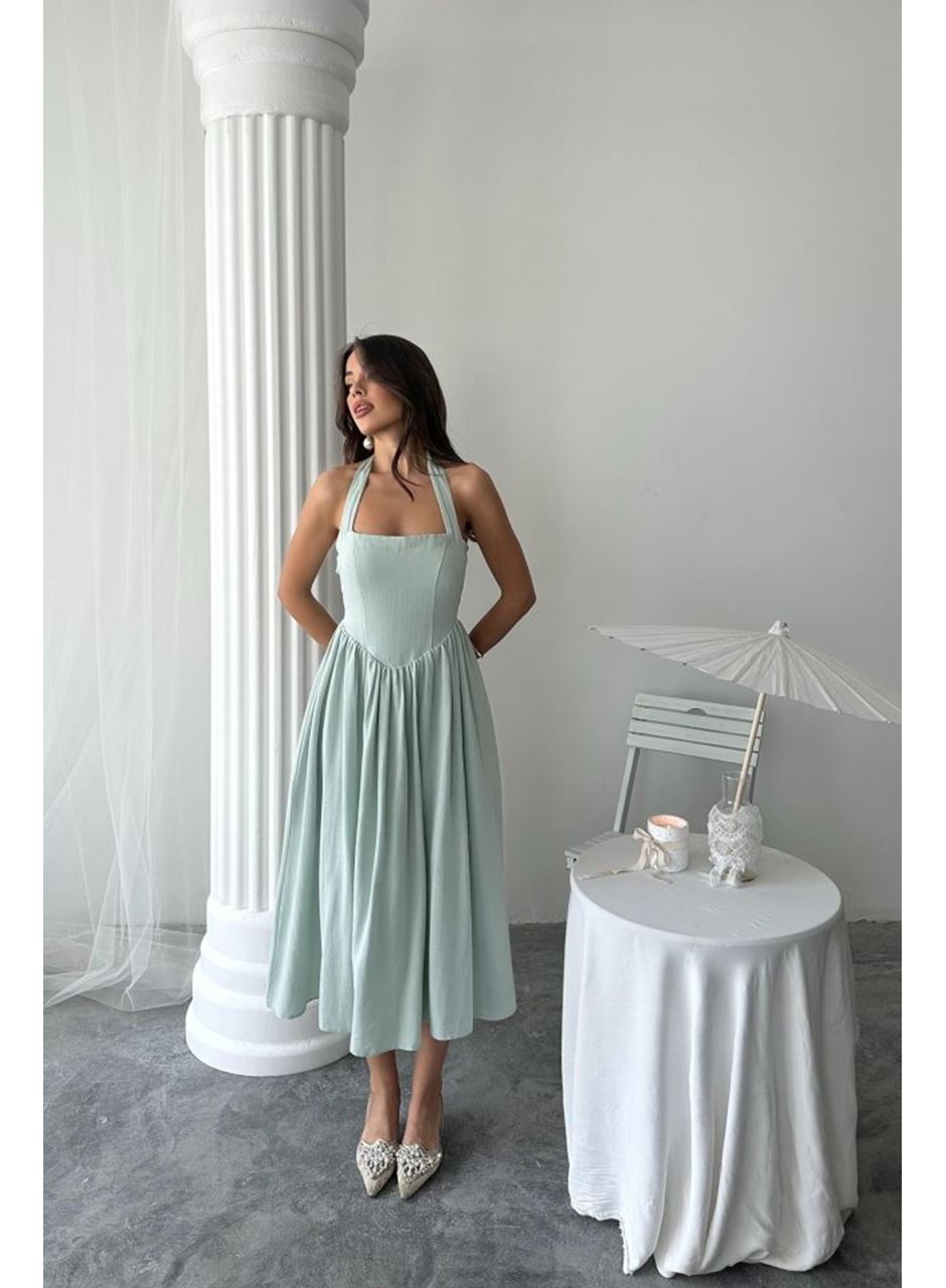 Mint Boyundan Bağlamalı Keten Elbise