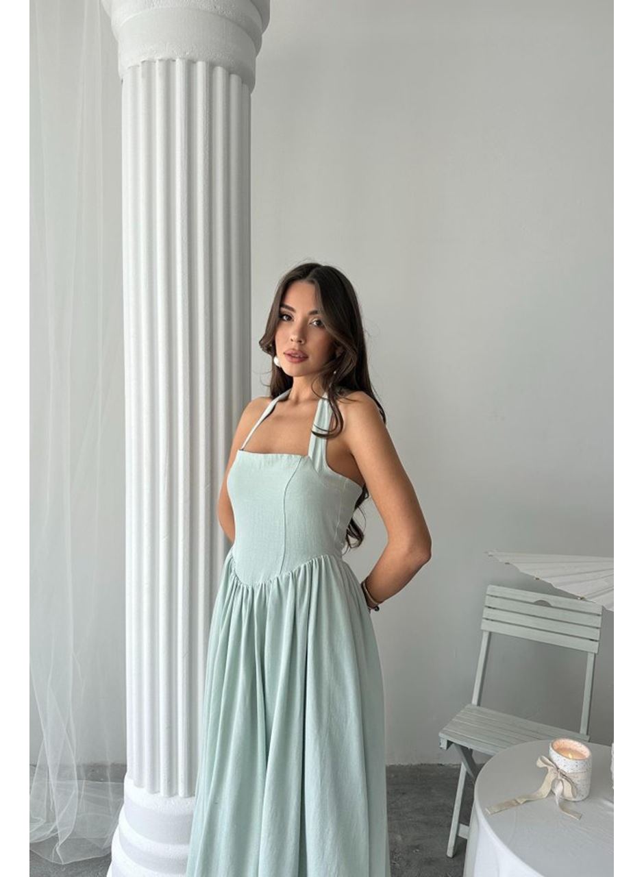 Mint Boyundan Bağlamalı Keten Elbise