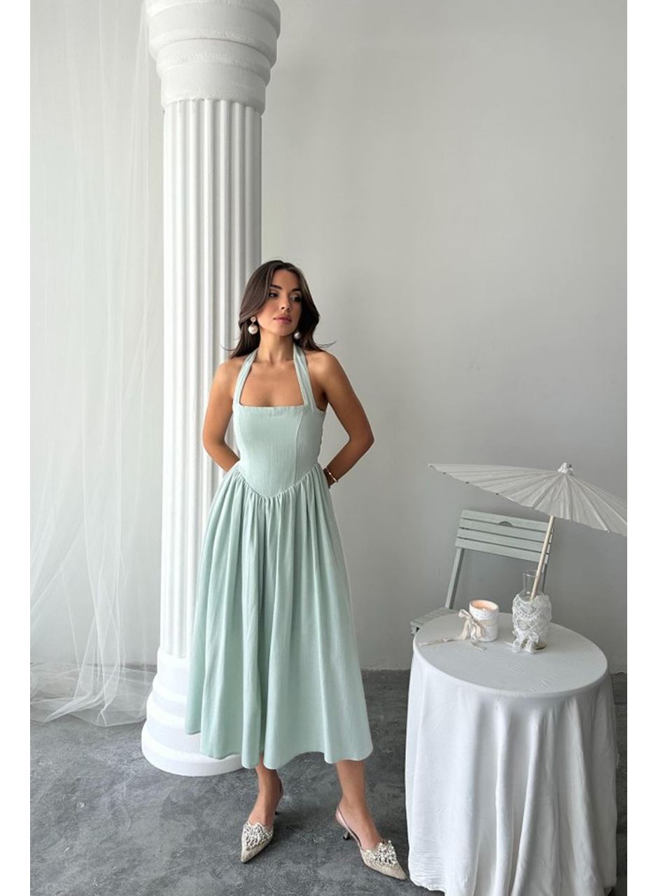 Mint Boyundan Bağlamalı Keten Elbise