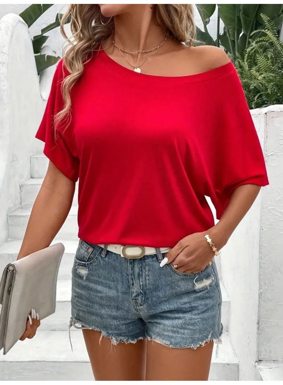 Kadın Tek Omuzu Açık Kısa Kollu Salaş Viskon Bluz