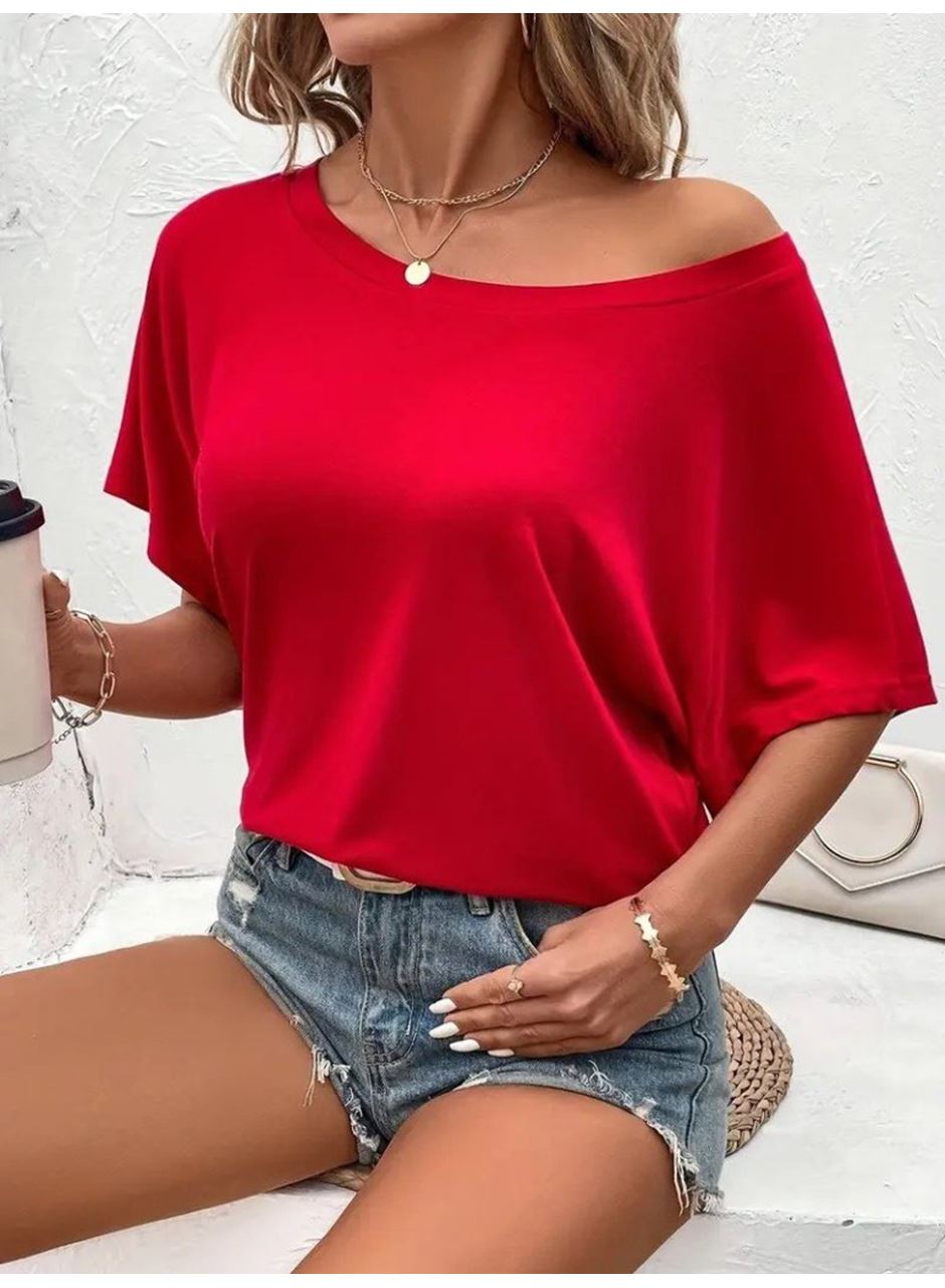 Kadın Tek Omuzu Açık Kısa Kollu Salaş Viskon Bluz