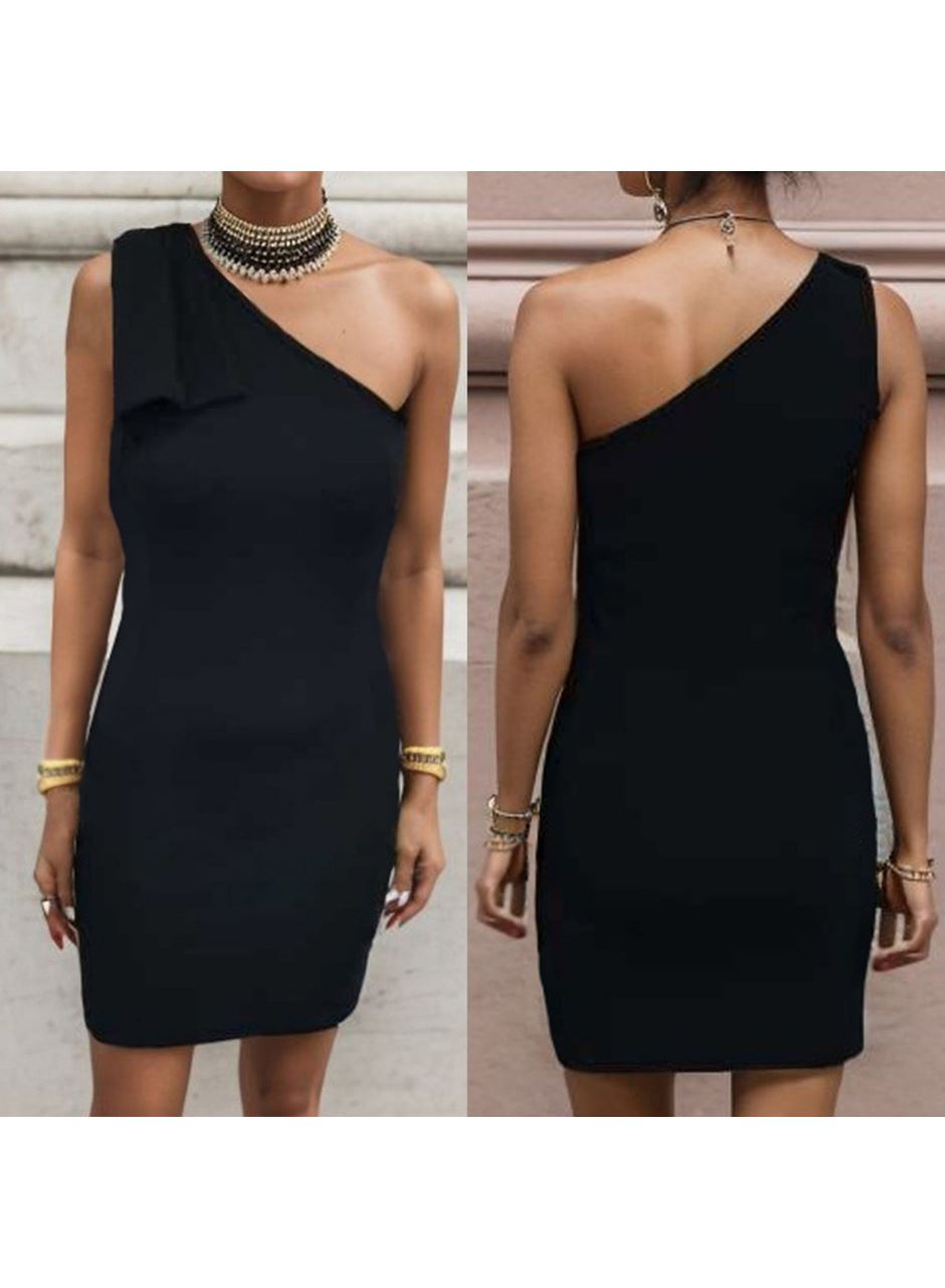 Kadın Tek Omuzu Açık Kelebek Detaylı Janjan Krep Elbise