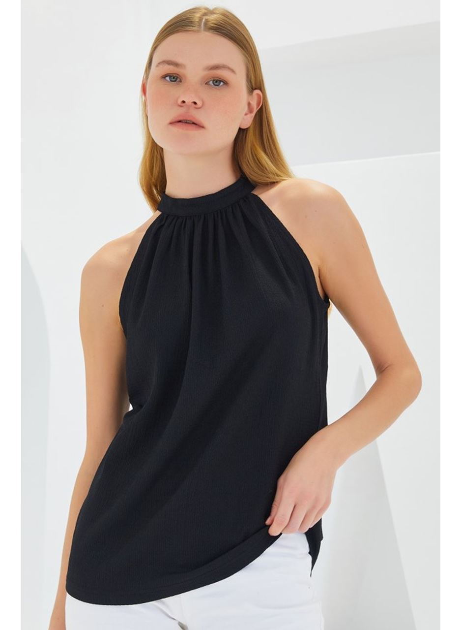 0489 Halter Yaka Örme Bluz - Siyah