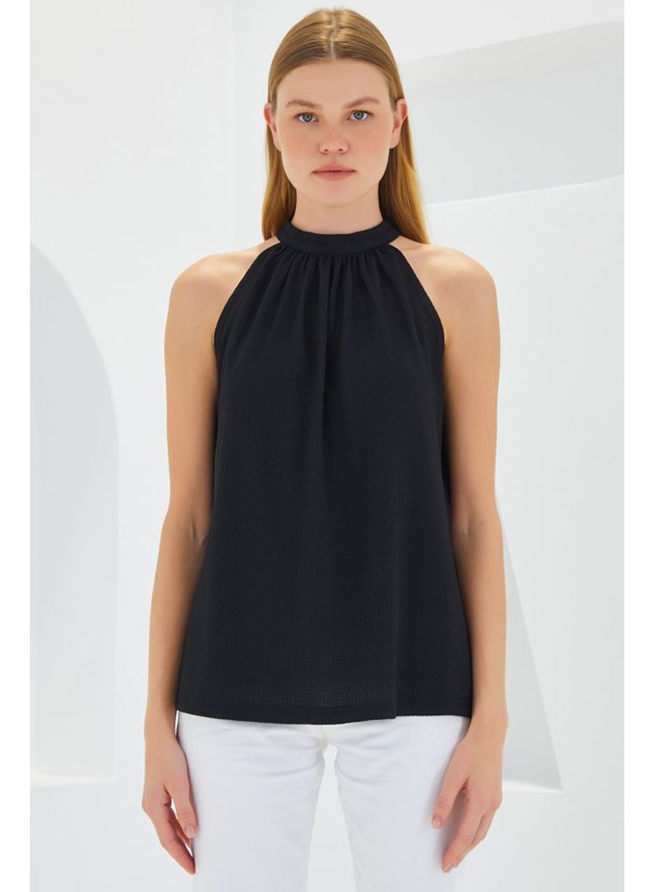 0489 Halter Yaka Örme Bluz - Siyah