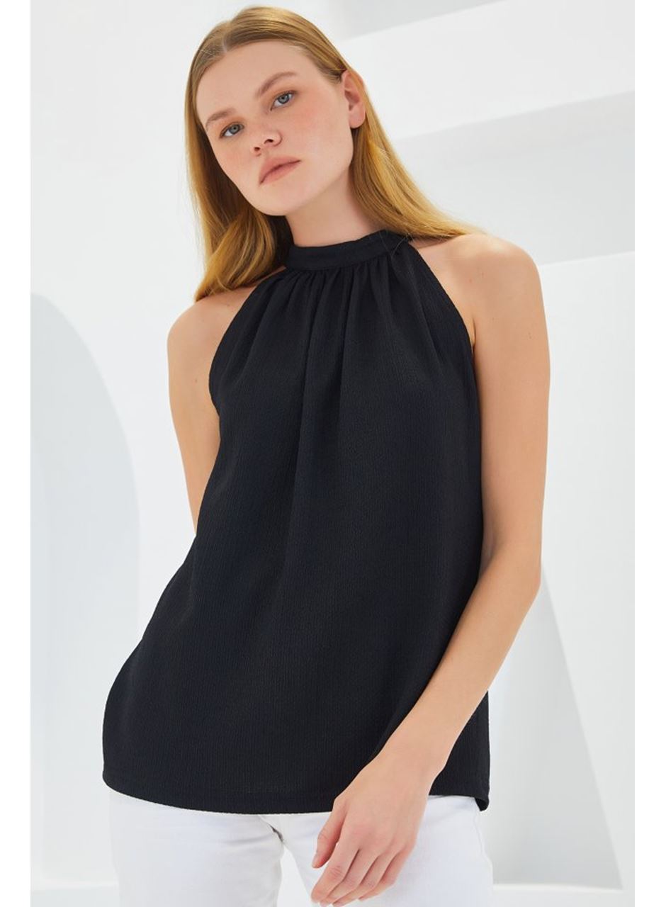 0489 Halter Yaka Örme Bluz - Siyah