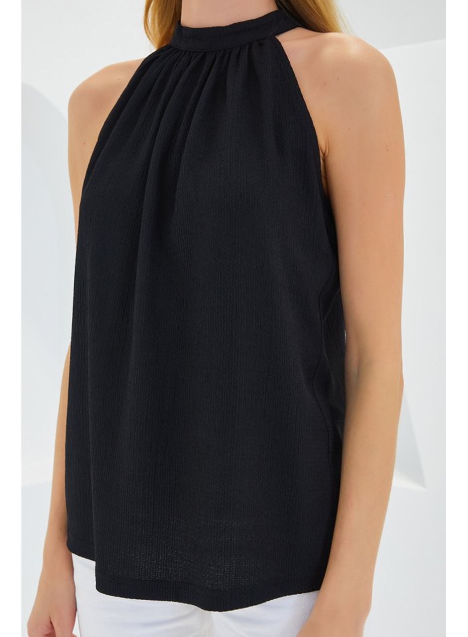 0489 Halter Yaka Örme Bluz - Siyah