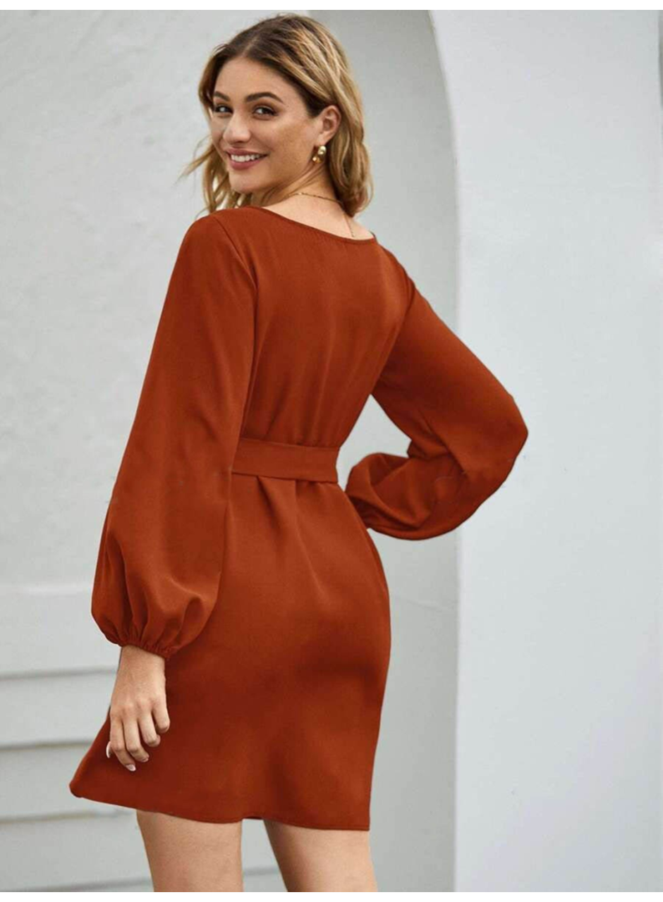 Kadın Uzun Kollu Kayık Yaka Belden Kuşaklı Kısa Ithal Krep Elbise