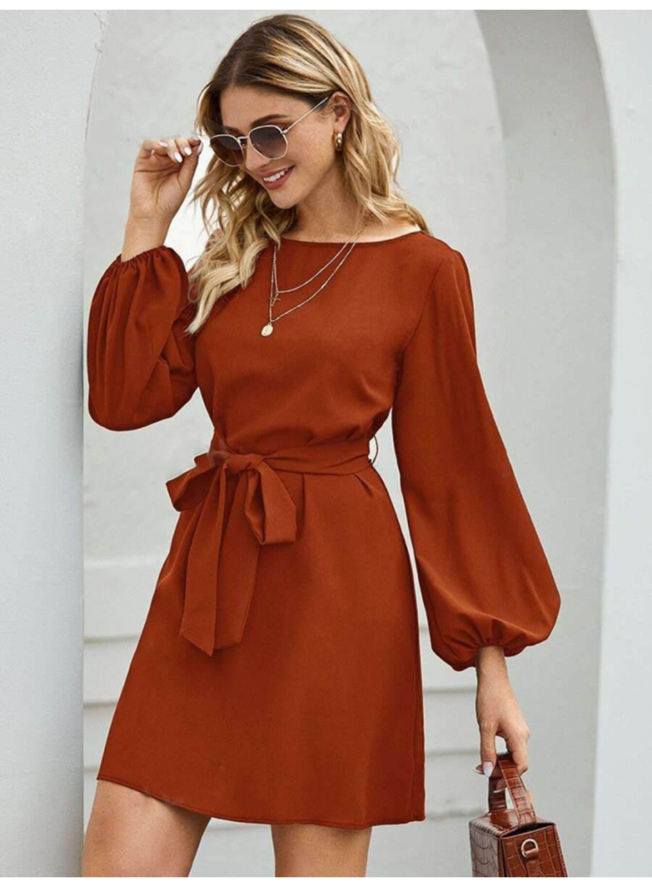 Kadın Uzun Kollu Kayık Yaka Belden Kuşaklı Kısa Ithal Krep Elbise