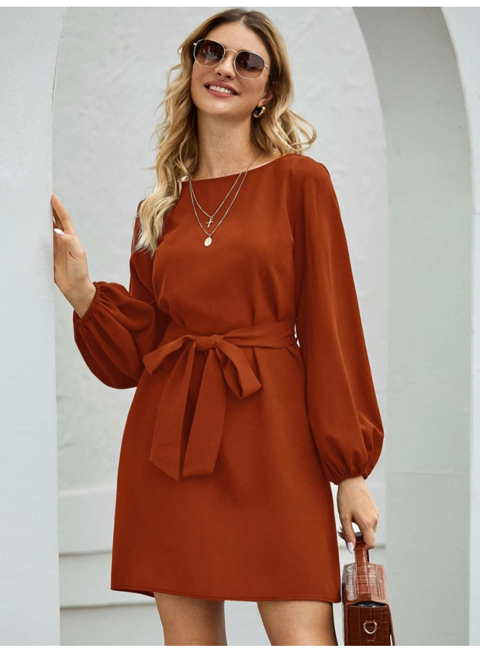 Kadın Uzun Kollu Kayık Yaka Belden Kuşaklı Kısa Ithal Krep Elbise