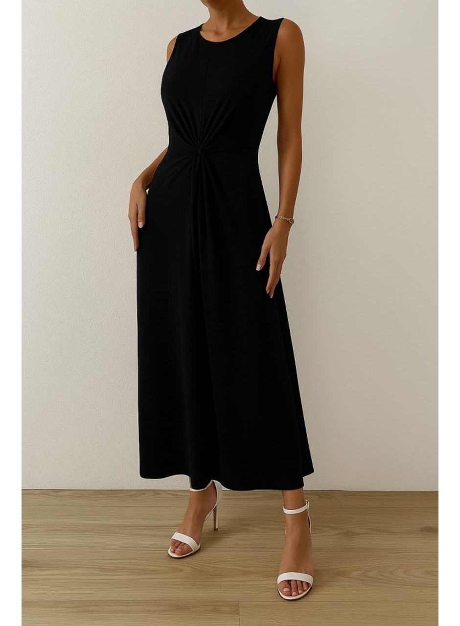 Kadın Sıfır Kollu Bisiklet Yaka Yandan Büzgü Detaylı Viskon Elbise