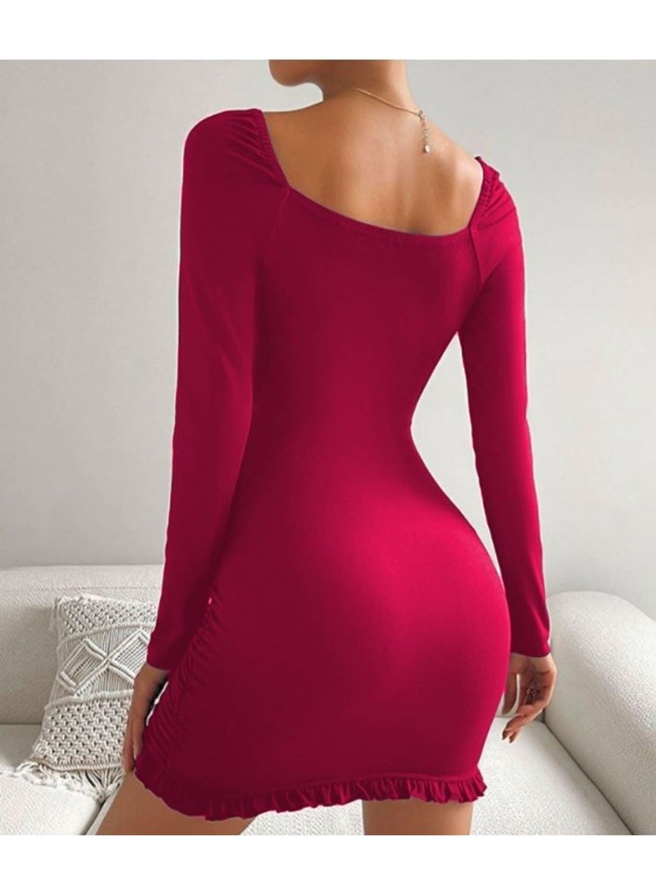 Kadın Uzun Kollu Derin V Yaka Göğüs Altı Dekolte Detay Etek Ucu Fırfırlı Sandy Mini Boy Elbise