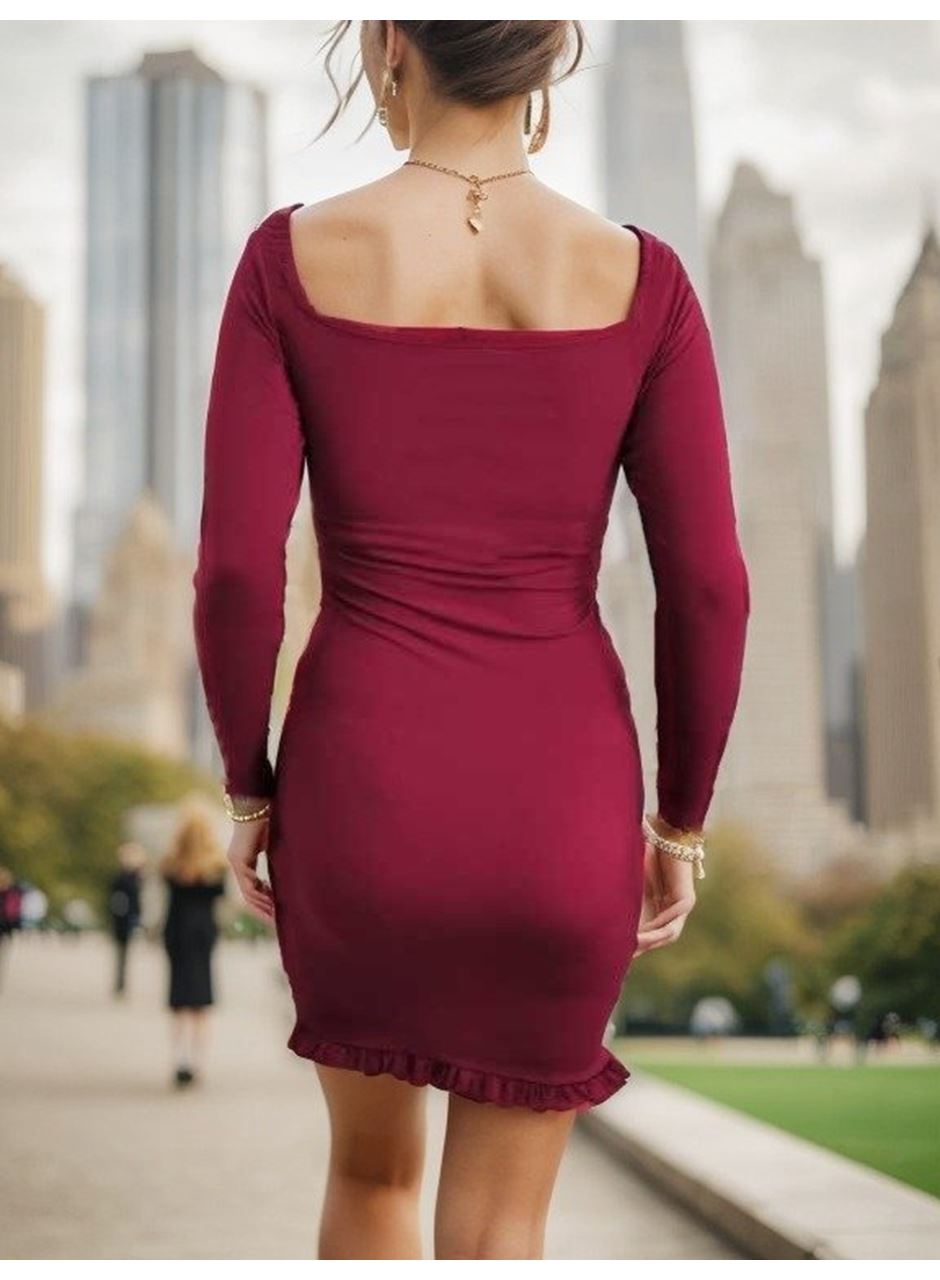 Kadın Uzun Kollu Derin V Yaka Göğüs Altı Dekolte Detay Etek Ucu Fırfırlı Sandy Mini Boy Elbise