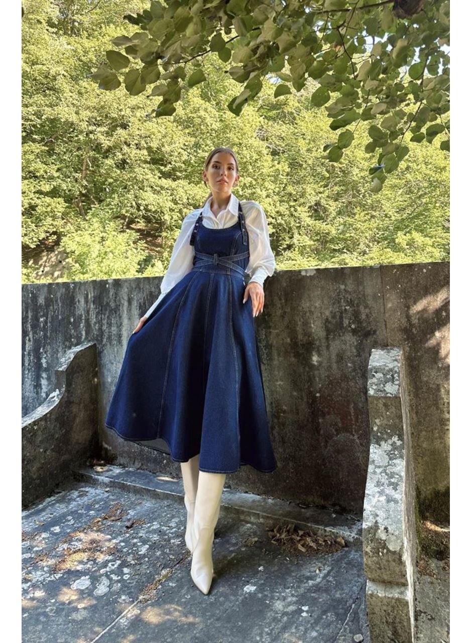 Mavi Midi Boy Bantlı Kot Elbise